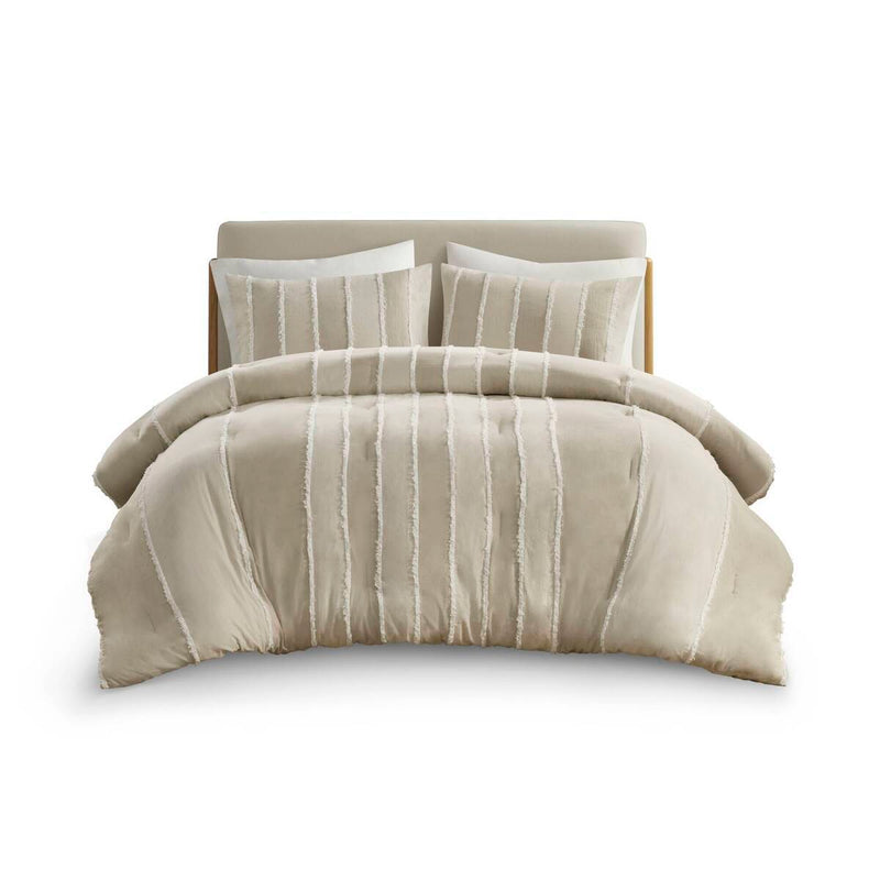 3 Piece Striped Cotton Comforter Set Taupe King/Cal King