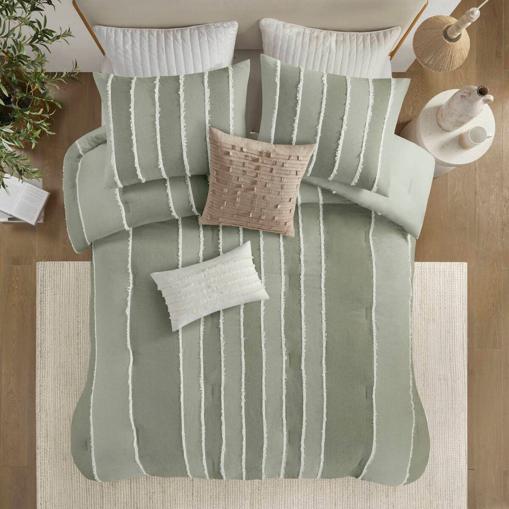 3 Piece Striped Cotton Comforter Set Sage Full/Queen Media 6