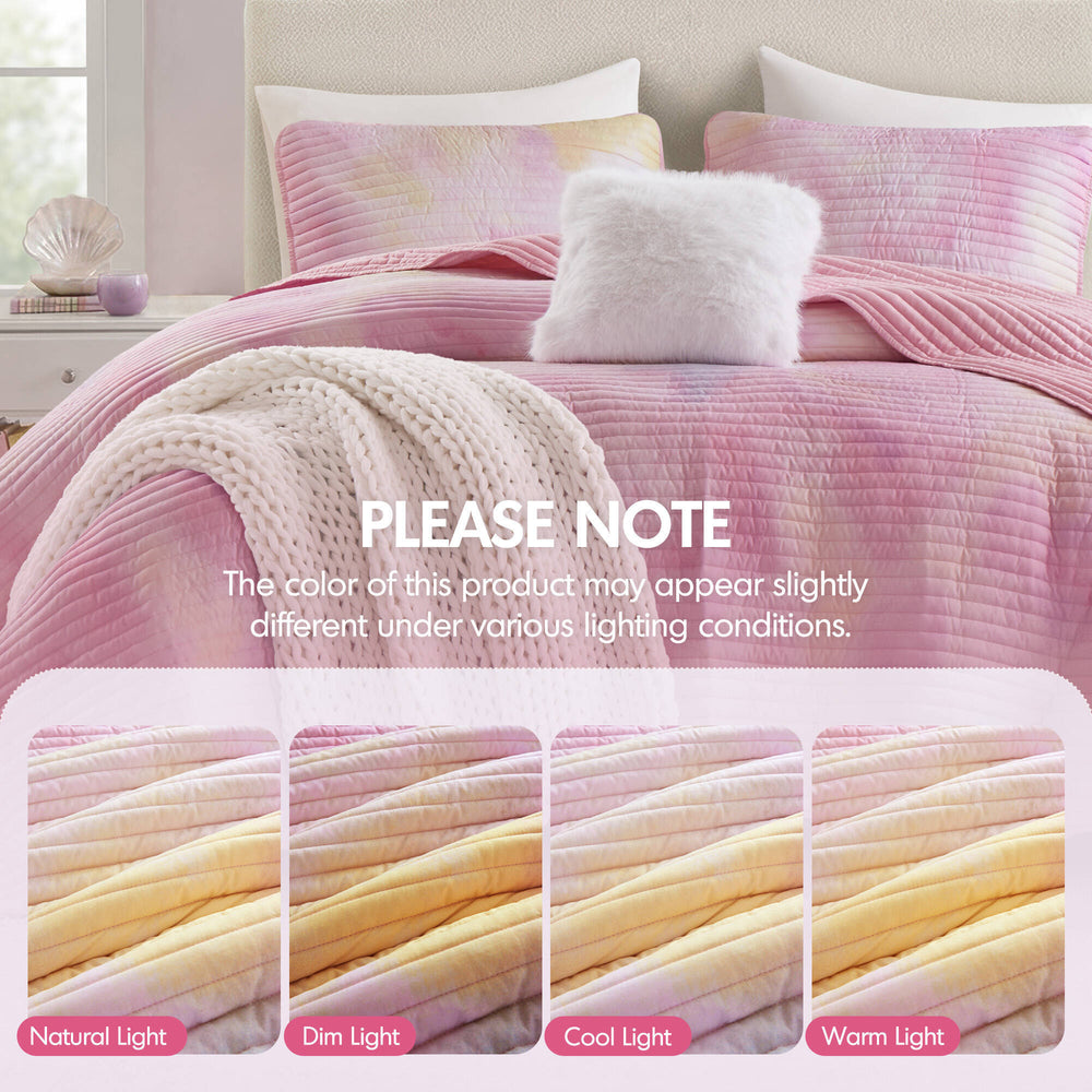 4 Pieces Full/Queen Watercolor Tie Dye Printed Quilt Set with Throw Pillow,Pink Media 2