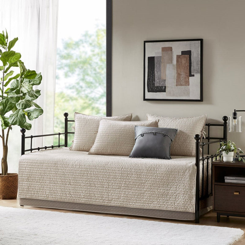 6 Piece Reversible Plaid Daybed Cover Set Neutral Daybed