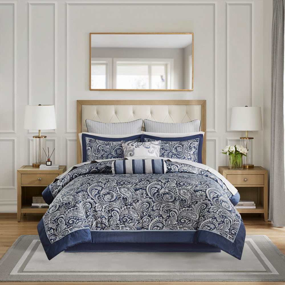 12 Piece Comforter Set with Cotton Bed Sheets Navy King Media 8