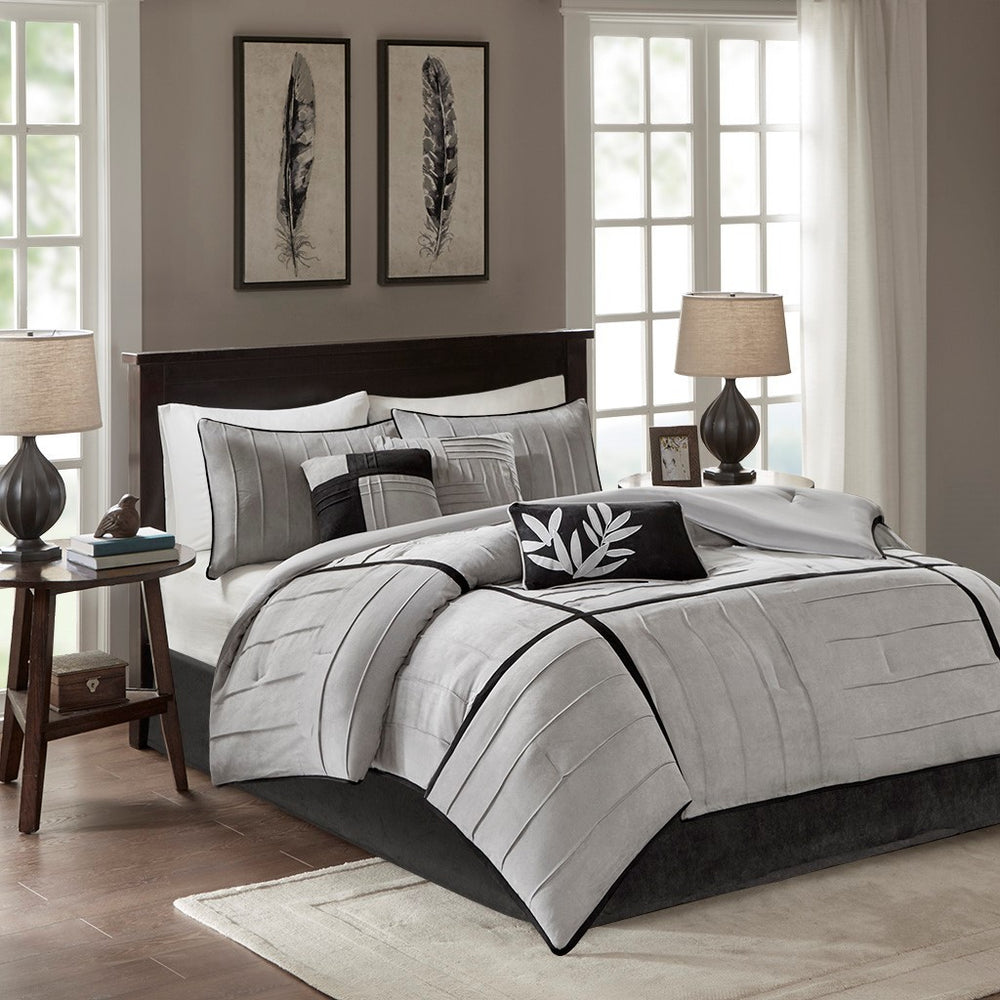 7 Piece Faux Suede Comforter Set Grey Queen Media 1