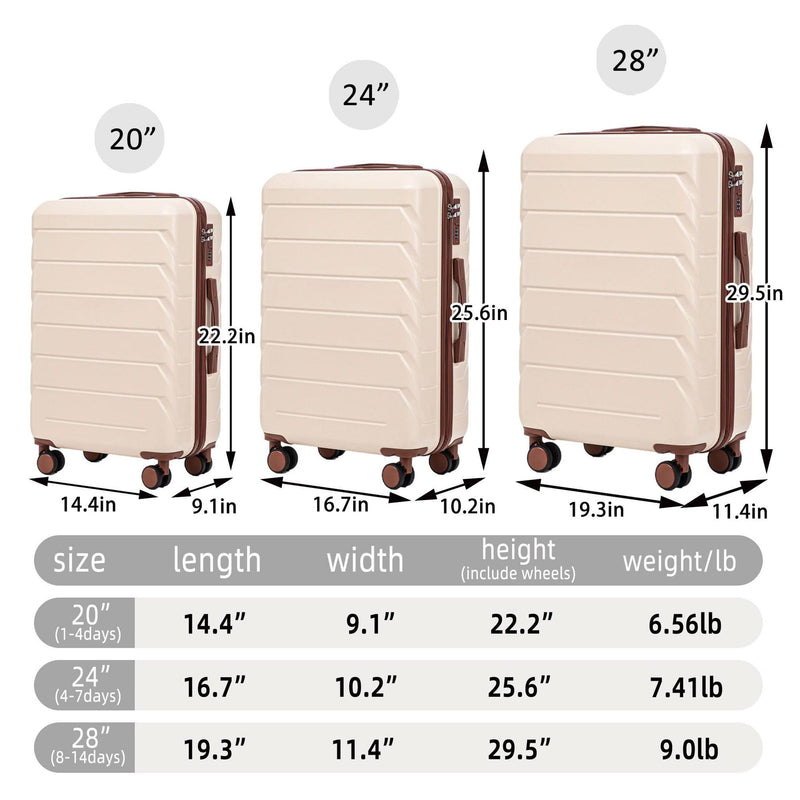 Abs Luggage Set 20 24 28 Inches 3 Piece Beige Durable Spinner Wheels & Combination Lock