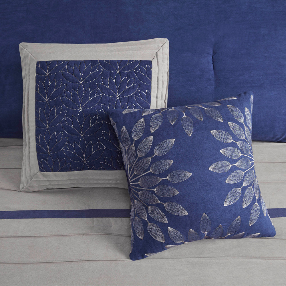 7 PC Pieced Faux Suede Comforter Set Blue Cal King Media 2