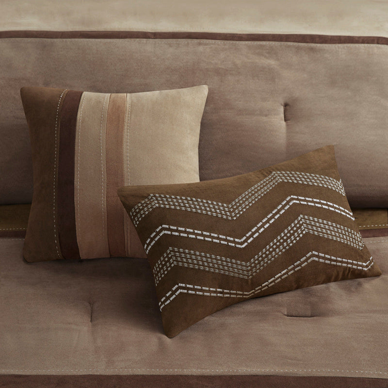 7 Piece Faux Suede Comforter Set Brown Queen