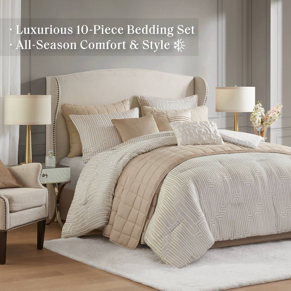10 PCS King Luxury Jacquard Comforter Set Ivory Media 3