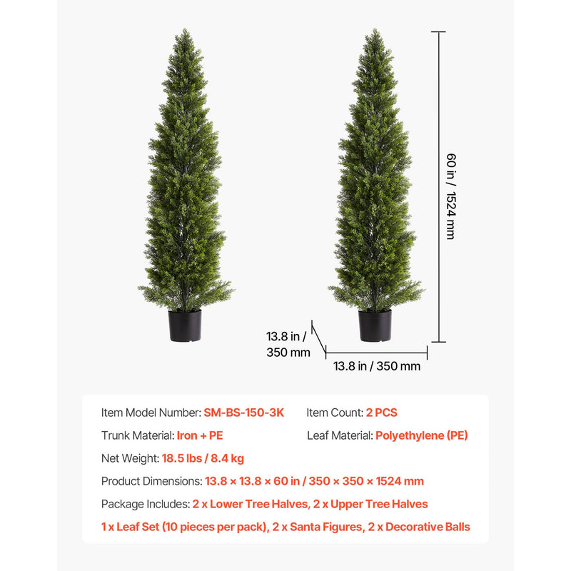 Artificial Topiary Cedar Trees, 60 inch 2 Set Faux Pine Shrubs Plants, Fake Silk Tree Look Real, Easy Assembly for Decor Front Porch Outdoor Patio Garden Balcony Backyard Indoor Office