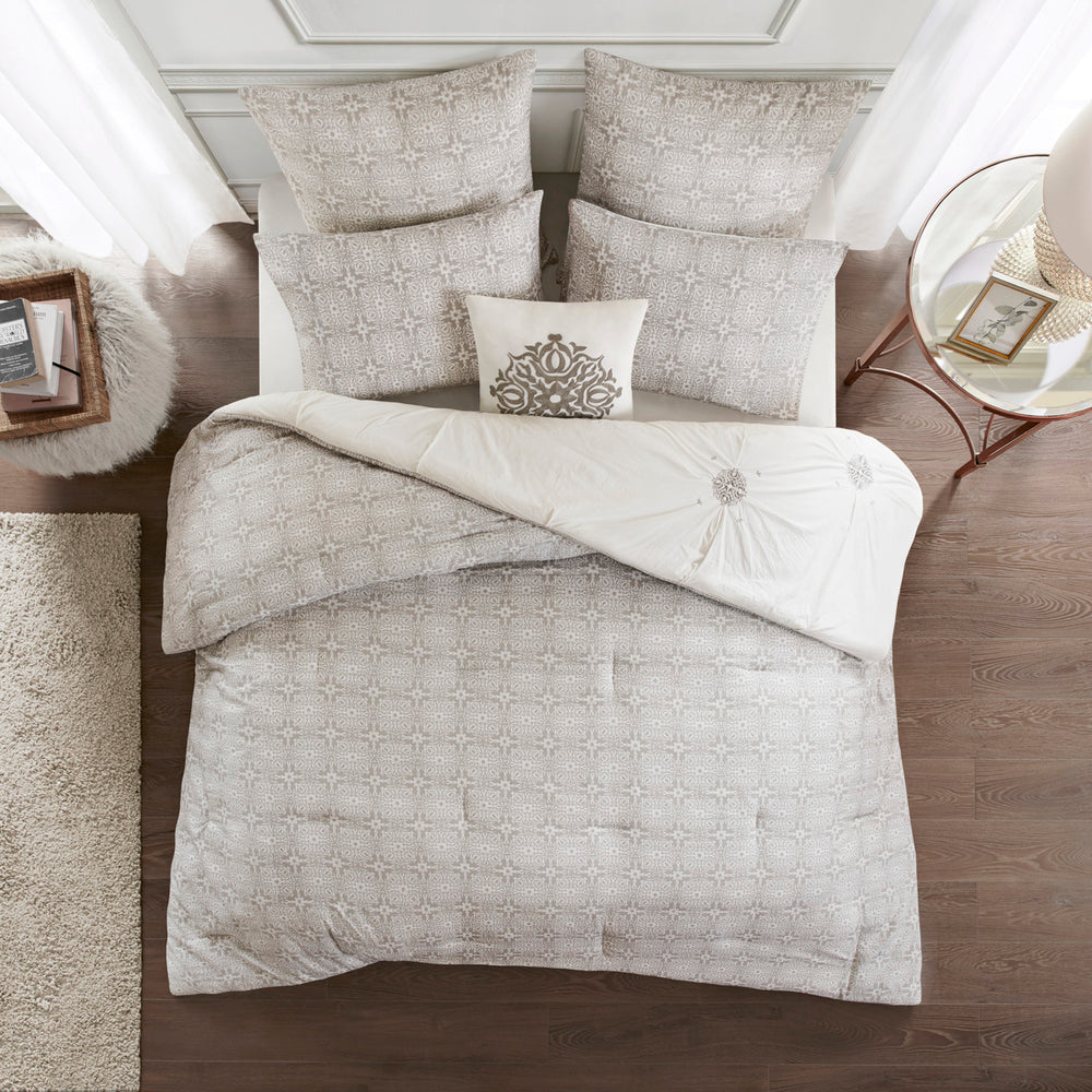 6 Piece Embroidered Cotton Reversible Comforter Set Ivory Full/Queen Media 14