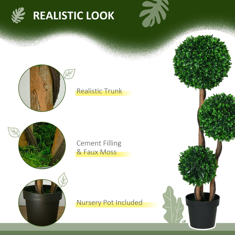 HOMCOM 3.5ft/43.25' Artificial 3 Ball Boxwood Topiary Tree with Pot, Indoor Outdoor Fake Plant for Home Office, Living Room Decor