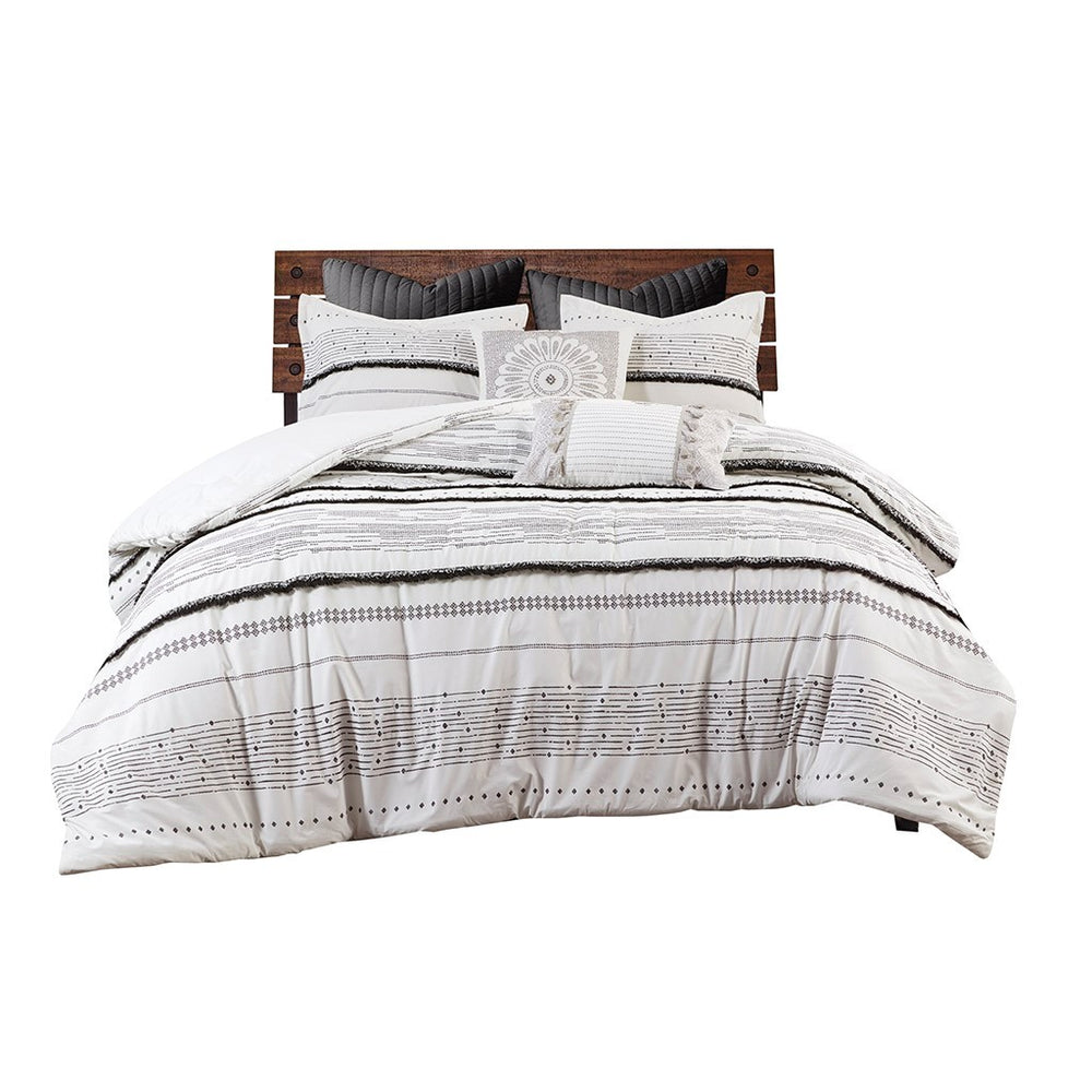 Cotton Printed Comforter Set with Trims Black/White Full/Queen Media 5