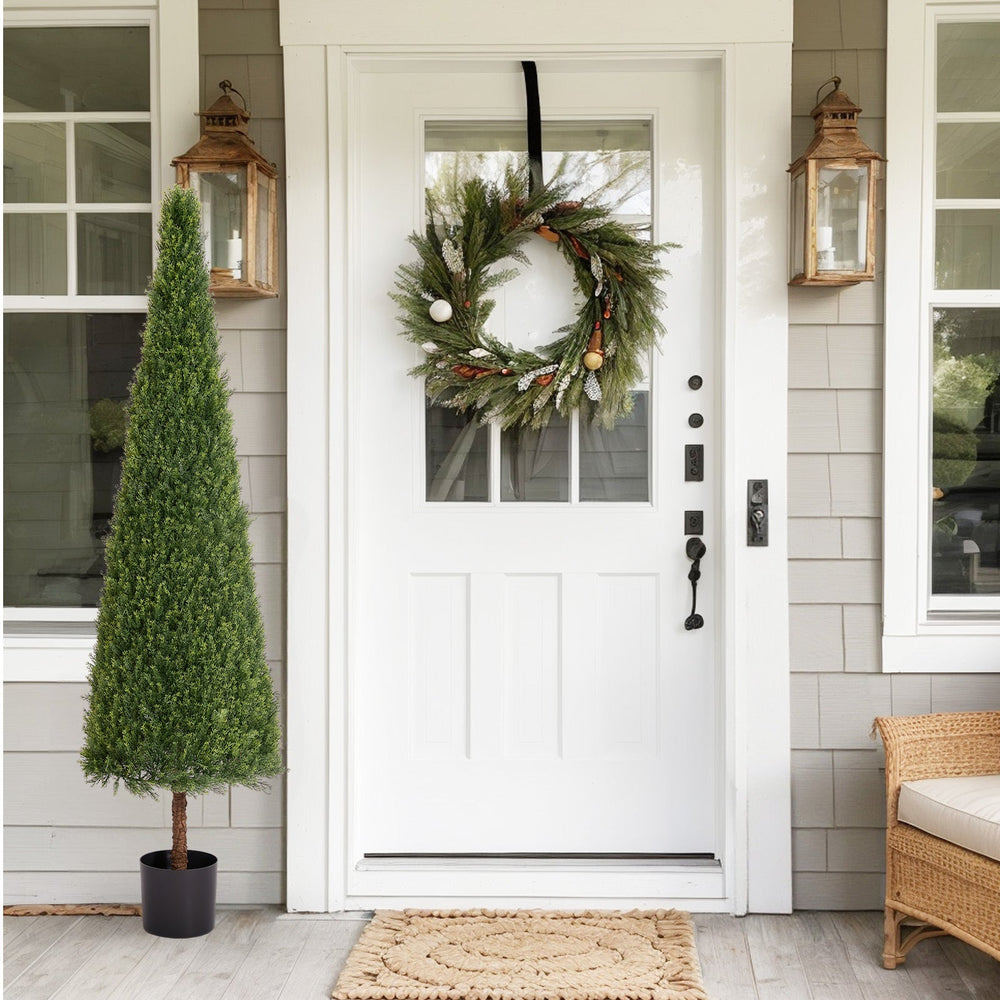 6FT Artificial Conical Topiary Trees  UV Resistant Faux Cedar Bushes and Evergreen Shrubs, Fake Potted Plants for Front Porch Outside Planter Decor, 1pc/set Media 8