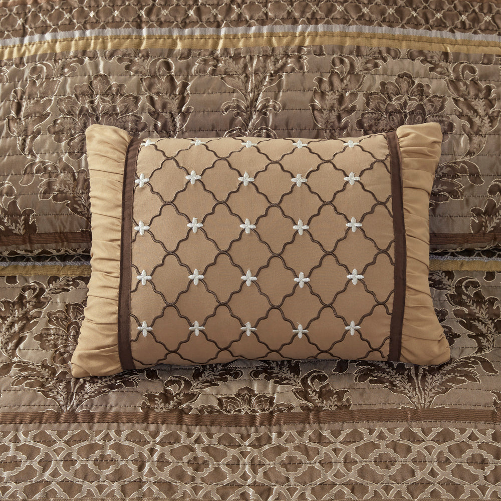 6 Piece Jacquard Quilt Set with Throw Pillows Brown/Gold King/Cal King Media 7