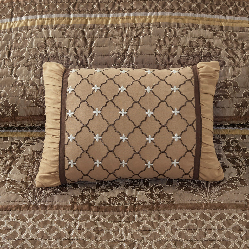 6 Piece Jacquard Quilt Set with Throw Pillows Brown/Gold King/Cal King Media 7