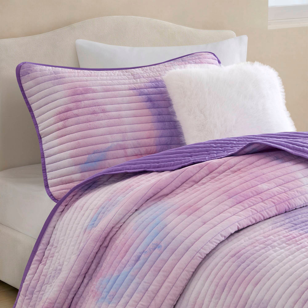 3 Pieces Twin/Twin XL Watercolor Tie Dye Printed Quilt Set with Throw Pillow,Purple Media 15