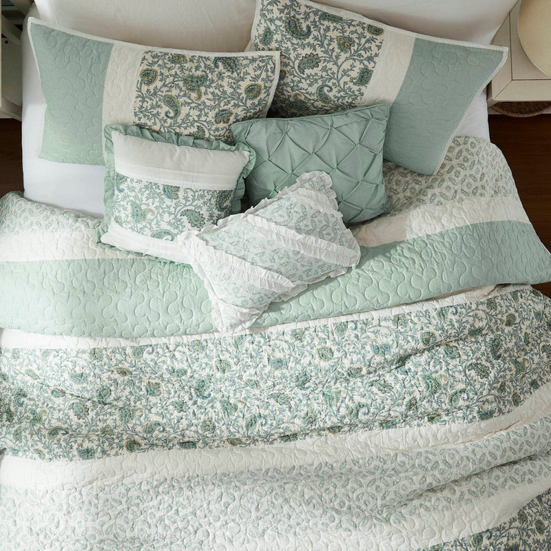 6 Piece Cotton Percale Quilt Set with Throw Pillows Aqua Full/Queen