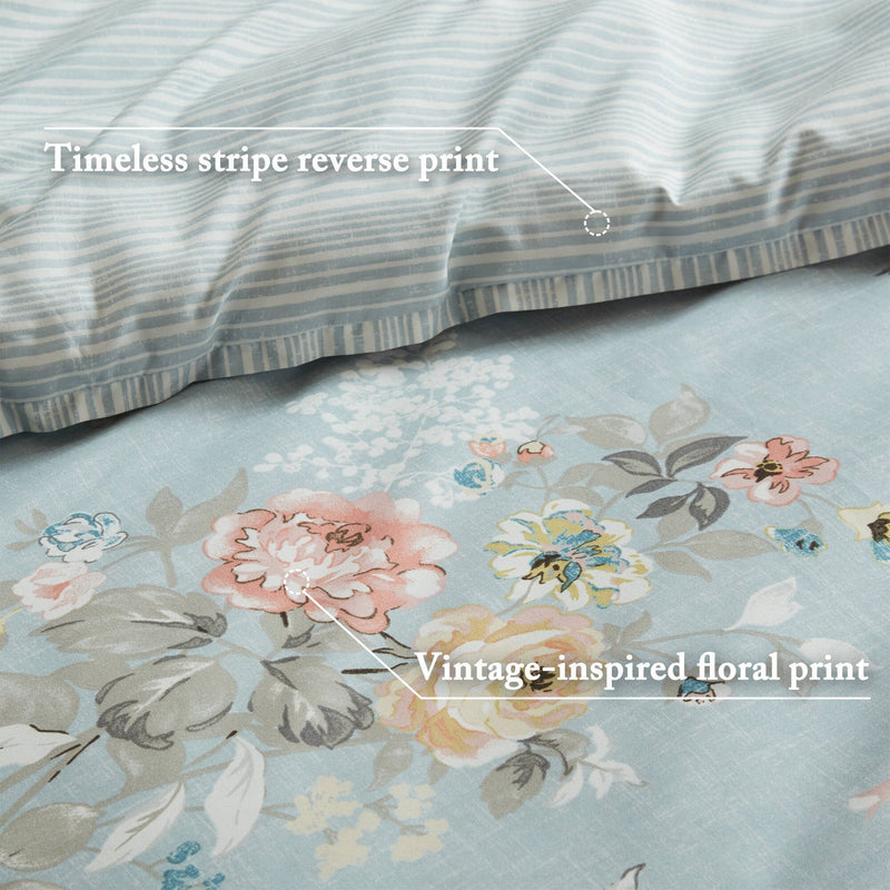 7-Piece Queen 7 Piece Vin -inspired Collection floral print,Soft Blue