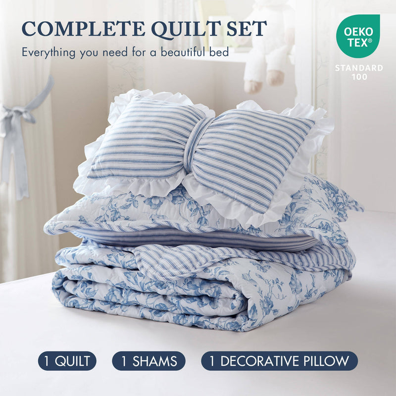 3 Pieces Twin/Twin XL Quilt Set with Decorative Pillow,Blue