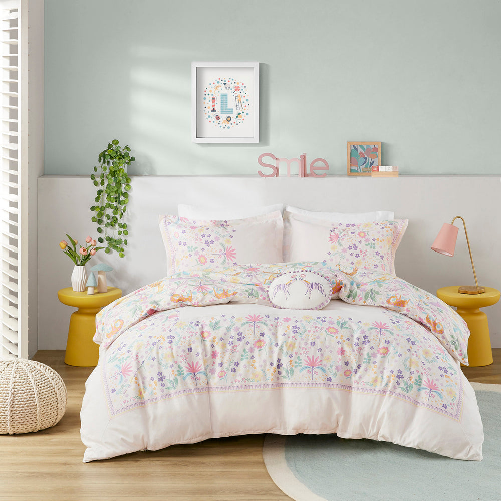 Twin Floral Reversible Cotton Duvet Cover Set with Throw Pillow Media 2