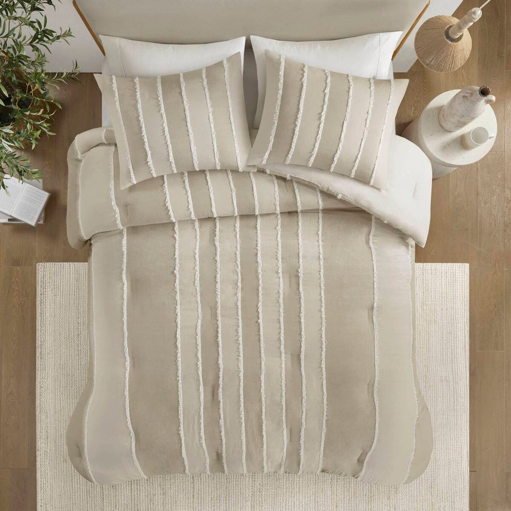 3 Piece Striped Cotton Comforter Set Taupe King/Cal King Media 14