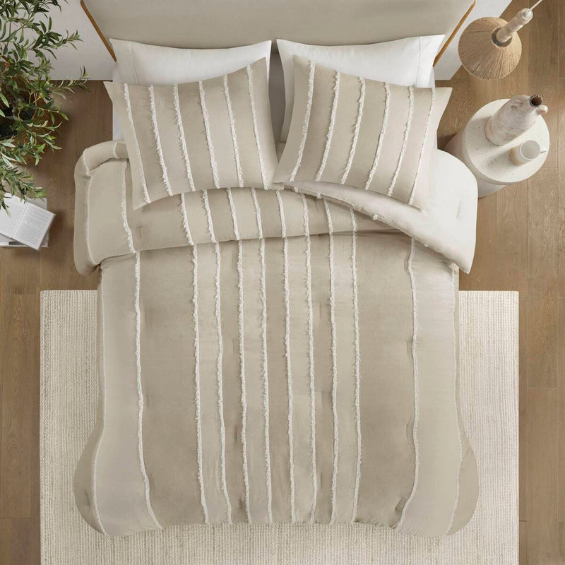 3 Piece Striped Cotton Comforter Set Taupe King/Cal King