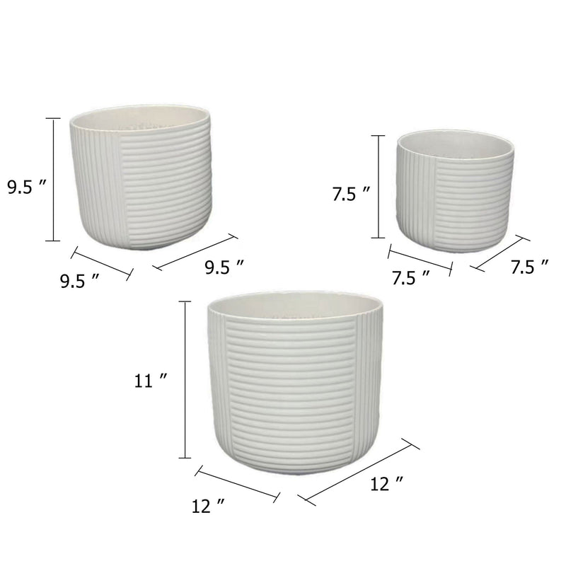 Kena Planter Set of 3, White Ceramic, Ribbed Texture Pots, 12 10 8 Inch