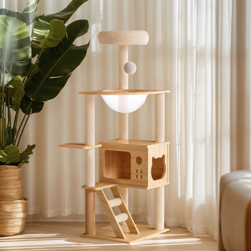 48.8' Modern Cat Tower, Wood Cat Tree Tower for Indoor Cats, Cat Tree with Sisal-Covered Scratching Posts and Top Perch, Cat Condo with Acrylic Hammock for Small Large Cats