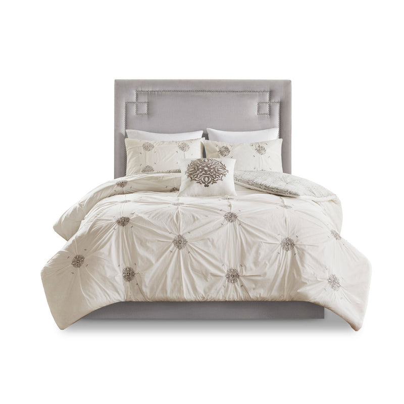 Full/Queen 4 Piece Embroidered Cotton Reversible Duvet Cover Set