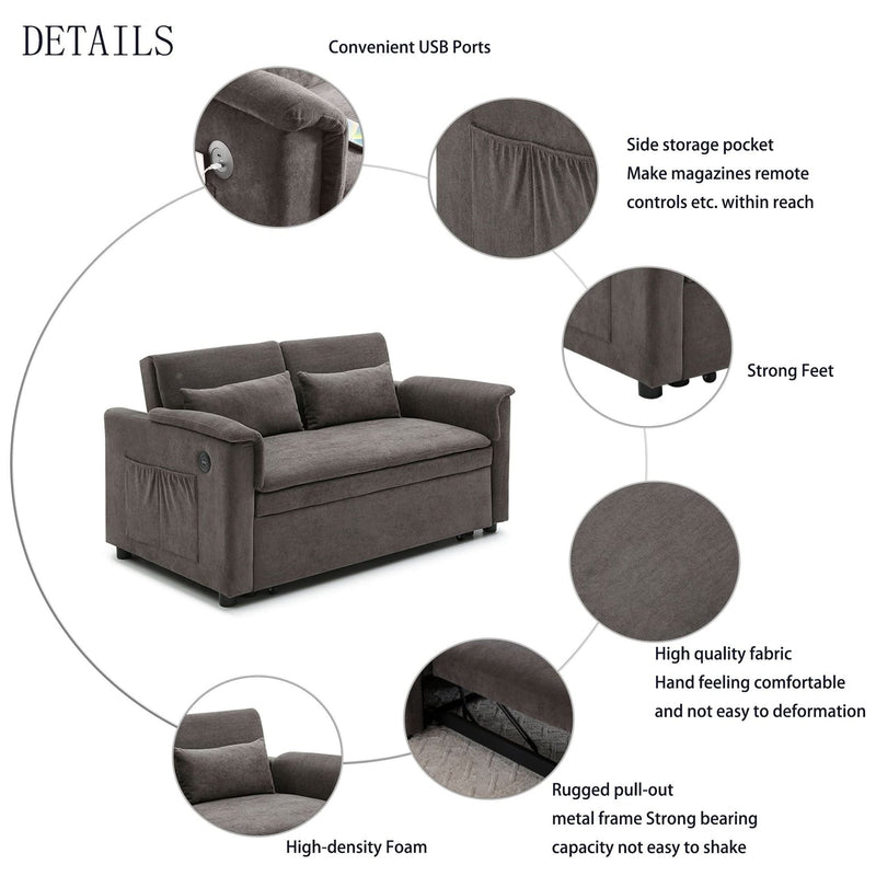 Velvet Sleeper Sofa With USB Ports & Cushioned Back & Two Seater Couch
