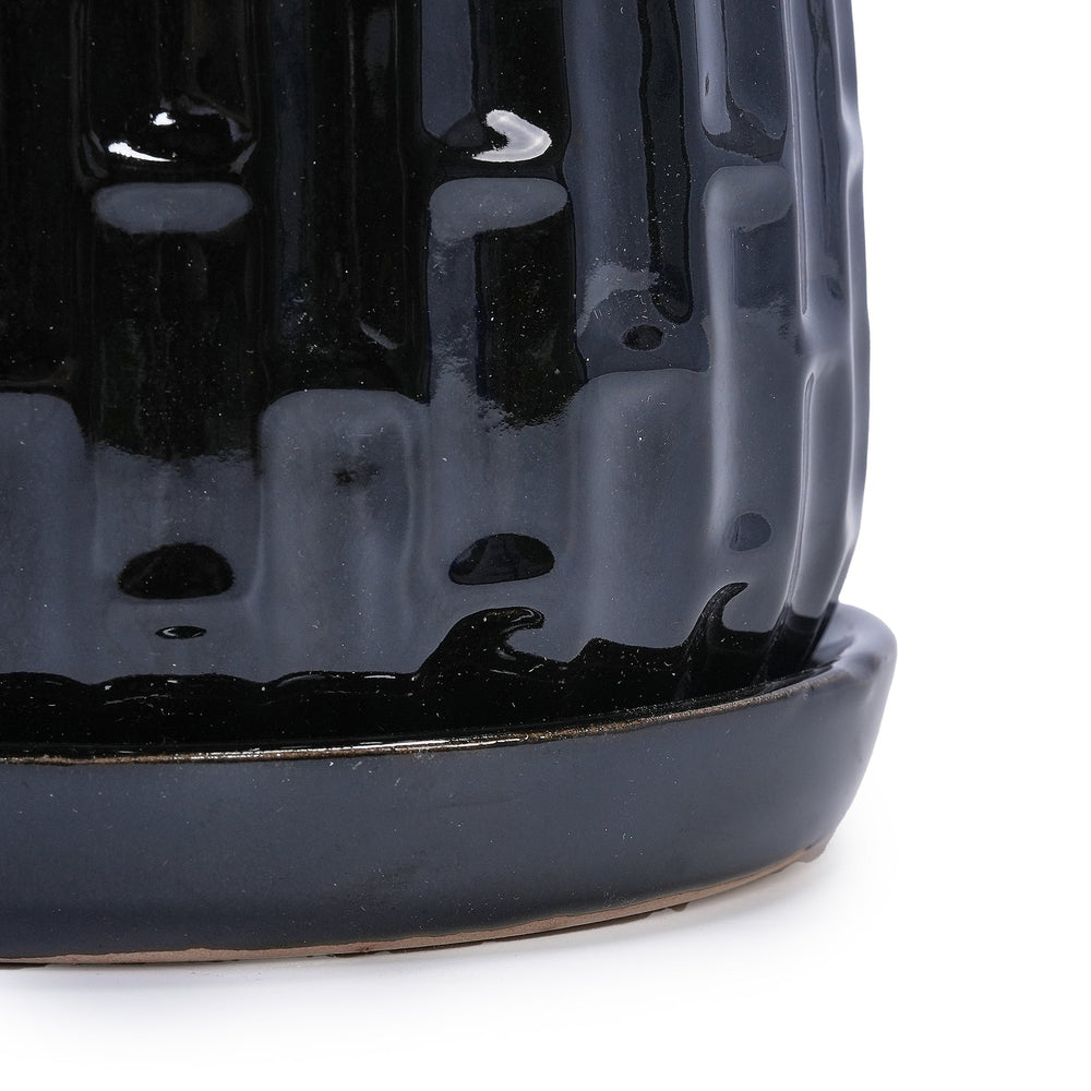 Handmade Ceramic Flower Pot with Groove Pattern, 6 & 8 Inch Diameter, Black Color for Orchids, Indoor/Outdoor Use on Windowsill & Bookshelf, Breathable Clay with Saucer Media 15