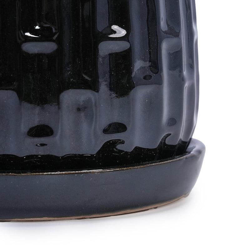 Handmade Ceramic Flower Pot with Groove Pattern, 6 & 8 Inch Diameter, Black Color for Orchids, Indoor/Outdoor Use on Windowsill & Bookshelf, Breathable Clay with Saucer
