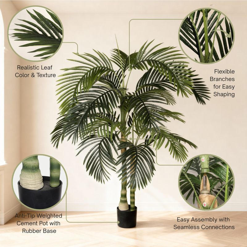 6FT Artificial Palm Tree with Black Plastic Pot, Tropical Fake Plant for Indoor Outdoor Decoration, Faux Palm, 1pc/set