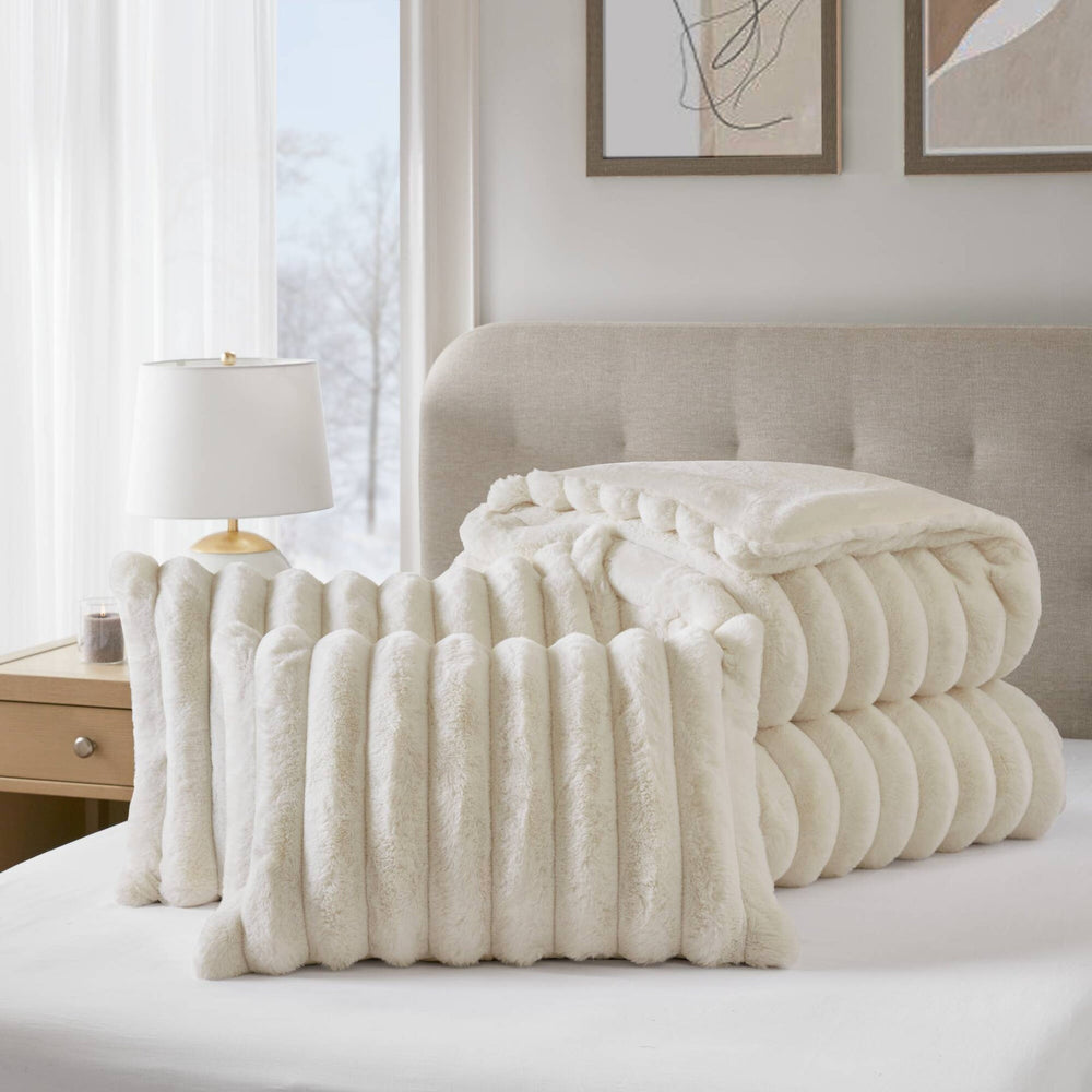 3-Piece Full/Queen  soft Faux Fur Ribbed Comforter Set,Ivory Media 14