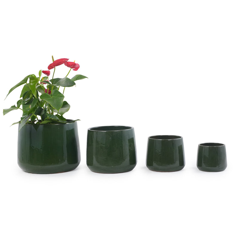 Handmade Solid Glazed Ceramic Planter Set of 4, 14/11/9/7 Inch Diameter, Deep Green, for Succulents and Cacti, Outdoor Garden & Indoor Stairs Use, Breathable Clay with Drainage Holes