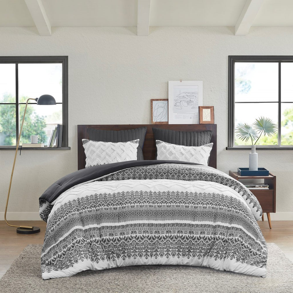 3 Piece Cotton Comforter Set with Chenille Tufting Gray Full/Queen Media 11