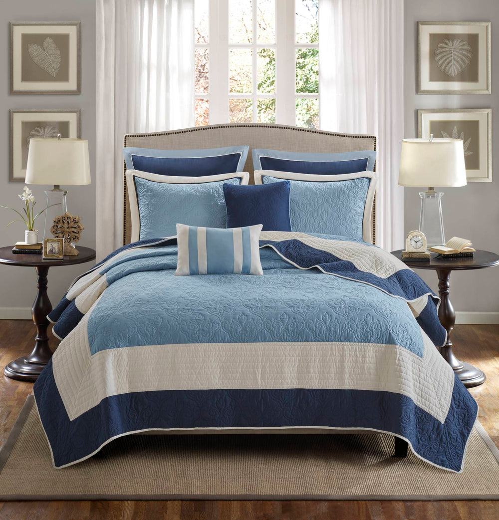 7-Piece King/Cal King 7 Piece Quilt Set with Euro Shams and Throw Pillows,Navy Media 1