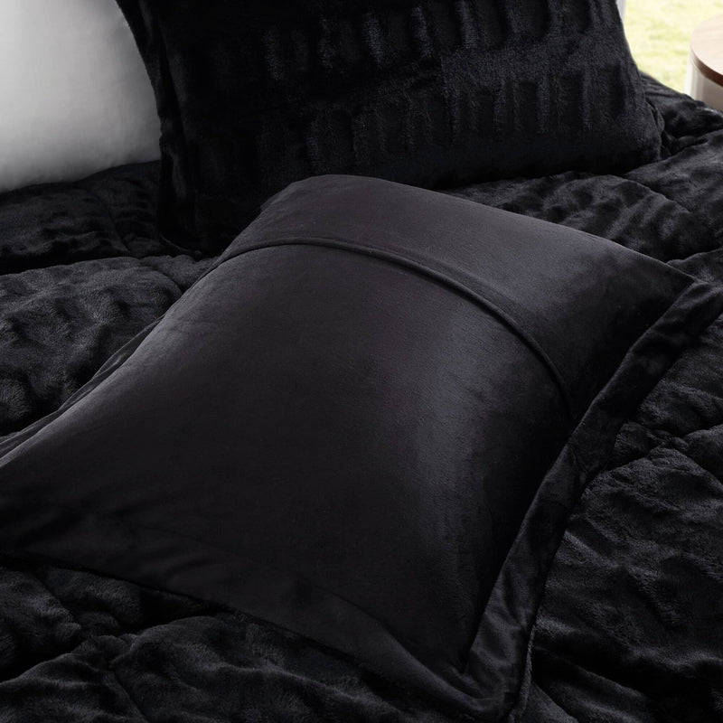 3 PCS King/Cal King Solid Faux Fur Comforter Mini Set Black