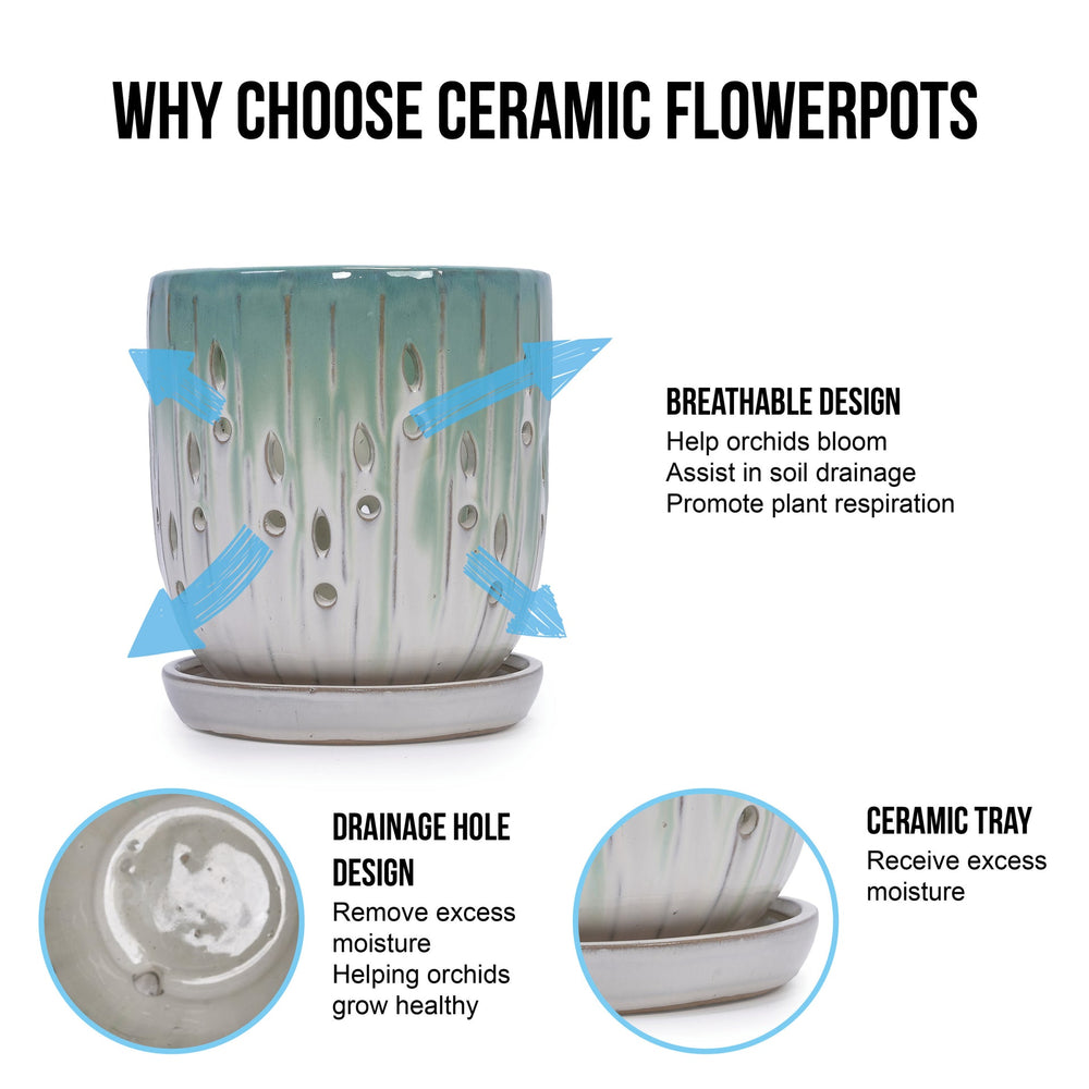 Set of 2 Ceramic Flowerpot with Drainage Hole, 8' Modern Planter for Patio, Garden, Windowsill - White Green Media 13