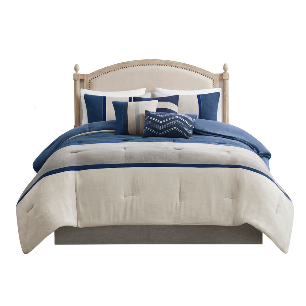 7 Piece Faux Suede Comforter Set Blue King Media 12