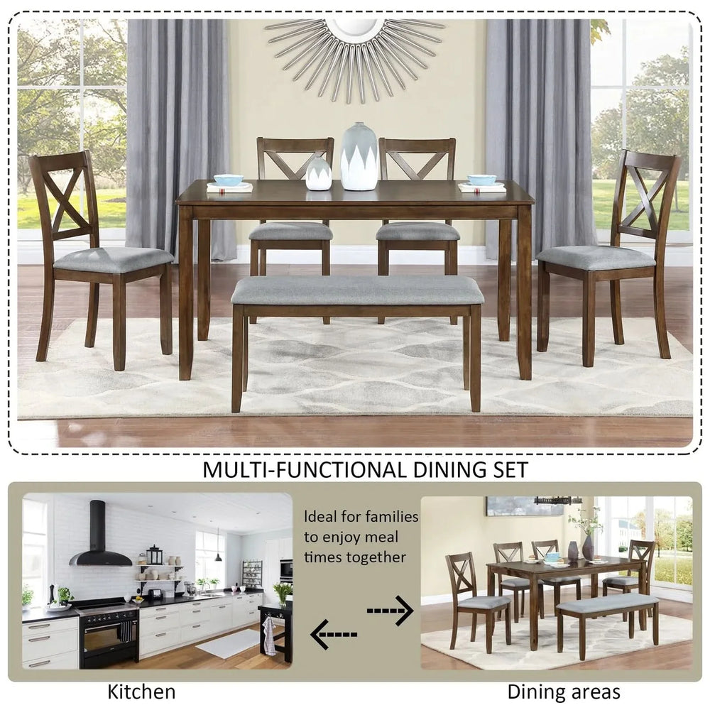 Dining Room Set Acacia Wood Walnut Rectangular Table 6 Seat with Chairs Bench Media 6