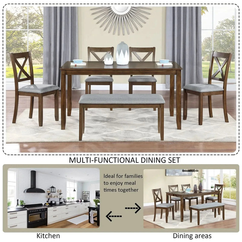 Dining Room Set Acacia Wood Walnut Rectangular Table 6 Seat with Chairs Bench