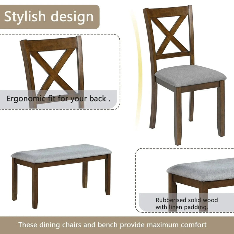 Dining Room Set Acacia Wood Walnut Rectangular Table 6 Seat with Chairs Bench