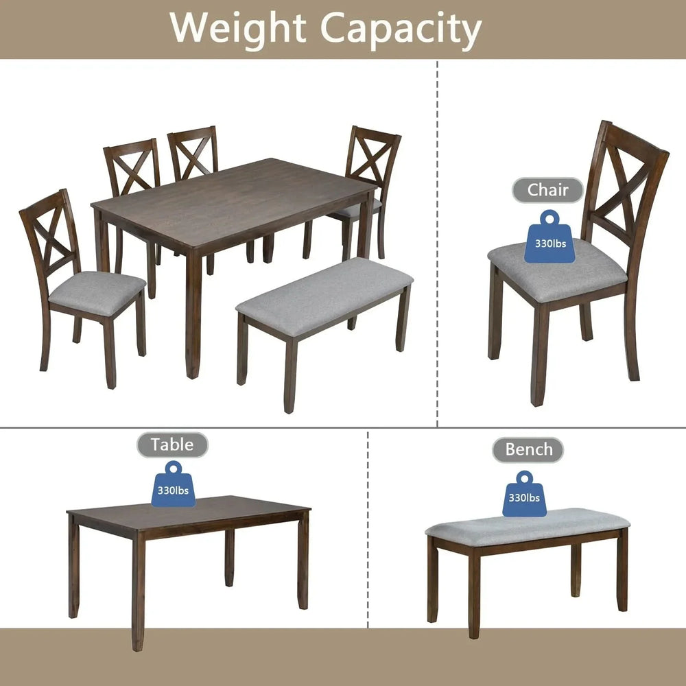 Dining Room Set Acacia Wood Walnut Rectangular Table 6 Seat with Chairs Bench Media 7