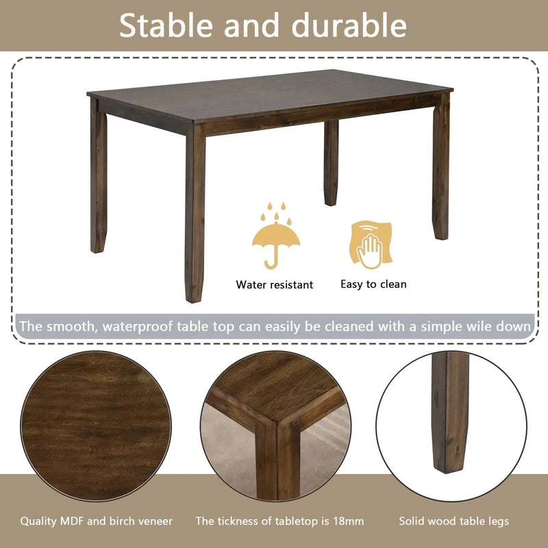 Dining Room Set Acacia Wood Walnut Rectangular Table 6 Seat with Chairs Bench