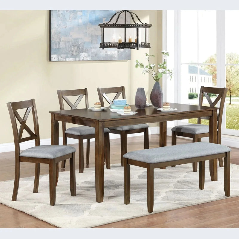 Dining Room Set Acacia Wood Walnut Rectangular Table 6 Seat with Chairs Bench
