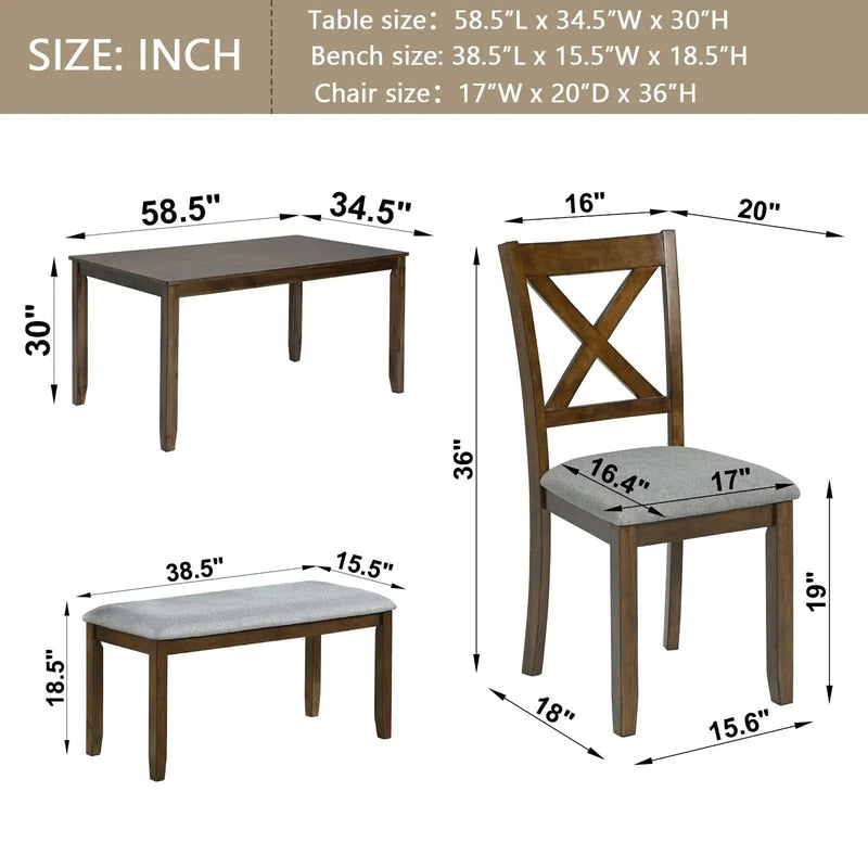 Dining Room Set Acacia Wood Walnut Rectangular Table 6 Seat with Chairs Bench