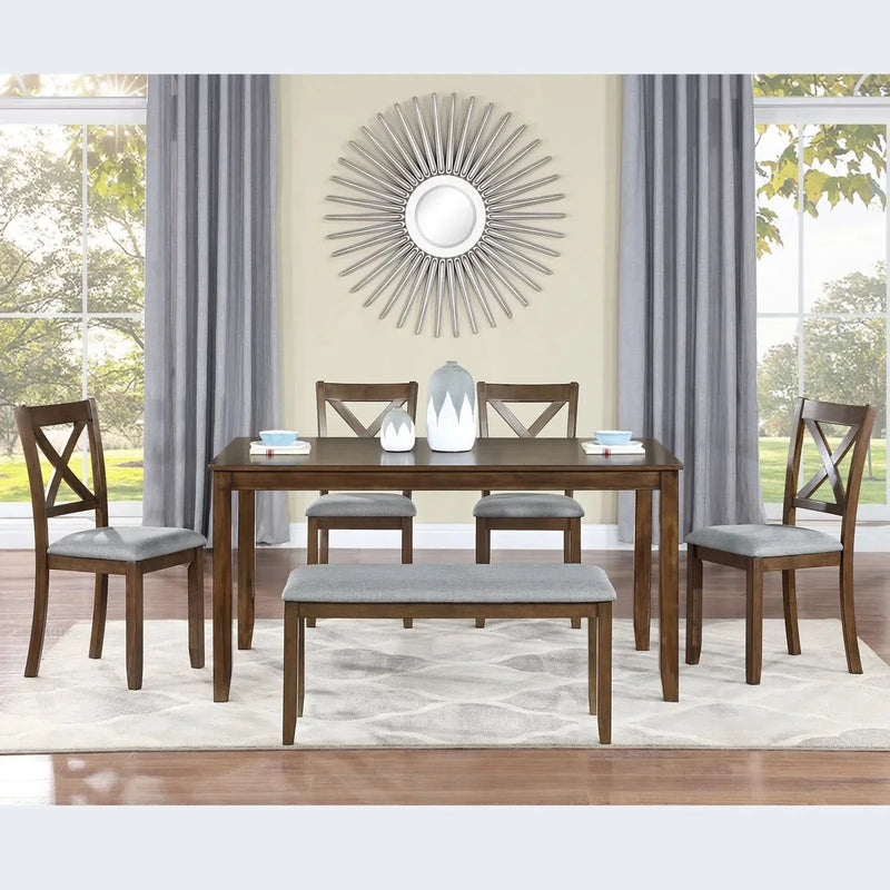 Dining Room Set Acacia Wood Walnut Rectangular Table 6 Seat with Chairs Bench
