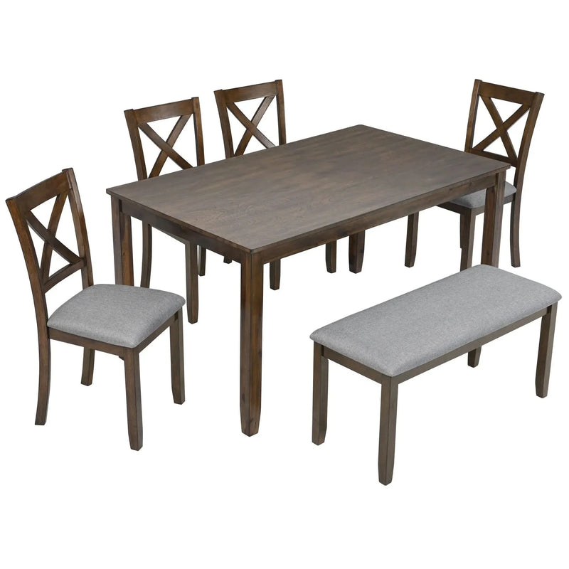 Dining Room Set Acacia Wood Walnut Rectangular Table 6 Seat with Chairs Bench
