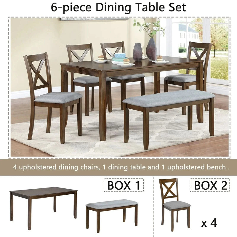 Dining Room Set Acacia Wood Walnut Rectangular Table 6 Seat with Chairs Bench