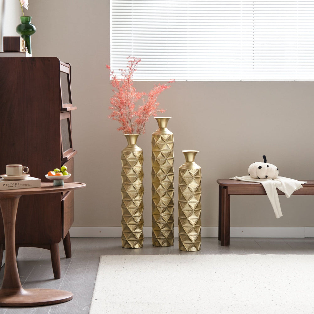Metal Decorative Vase High Distress Metal Center Vase With 3D Triangle Pattern, Set Of 3 Vases for Home Decoration 33.5', 29.5', 25.2'High, Gold Media 7