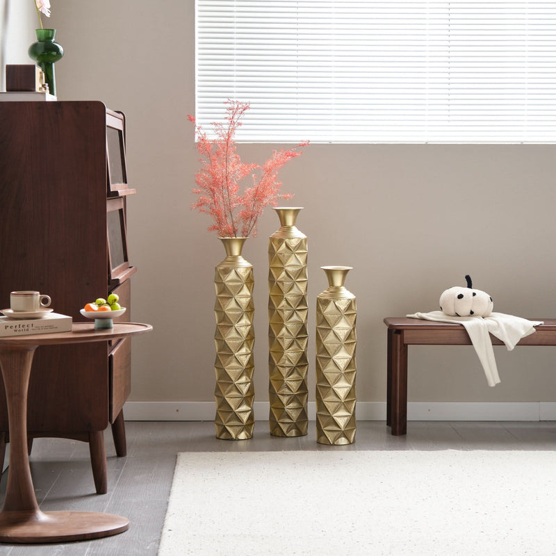 Metal Decorative Vase High Distress Metal Center Vase With 3D Triangle Pattern, Set Of 3 Vases for Home Decoration 33.5', 29.5', 25.2'High, Gold